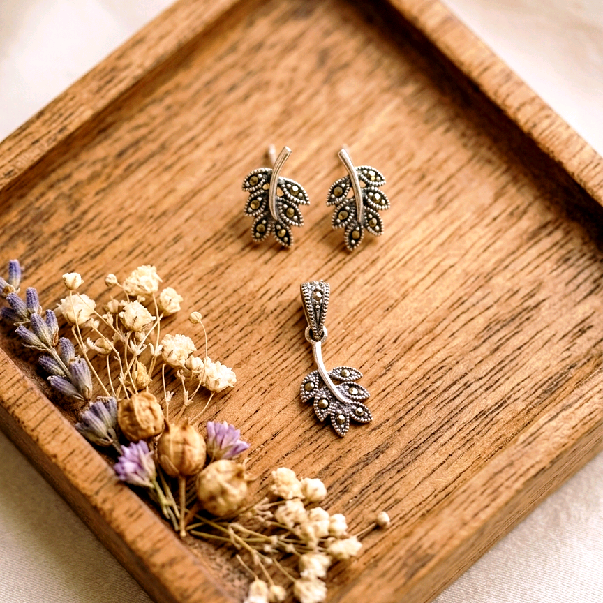 Sterling Silver Marcasite Leaf Pendant Set